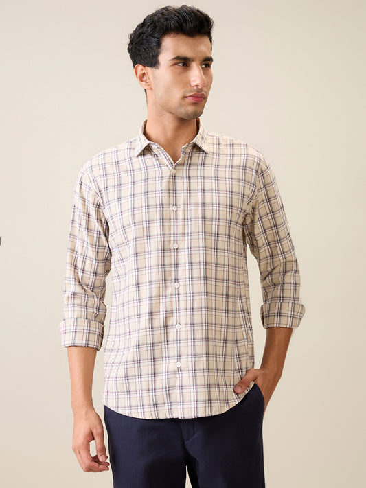 Park Avenue Men Brown Checks Slim Fit Polyester Blend Casual Shirt