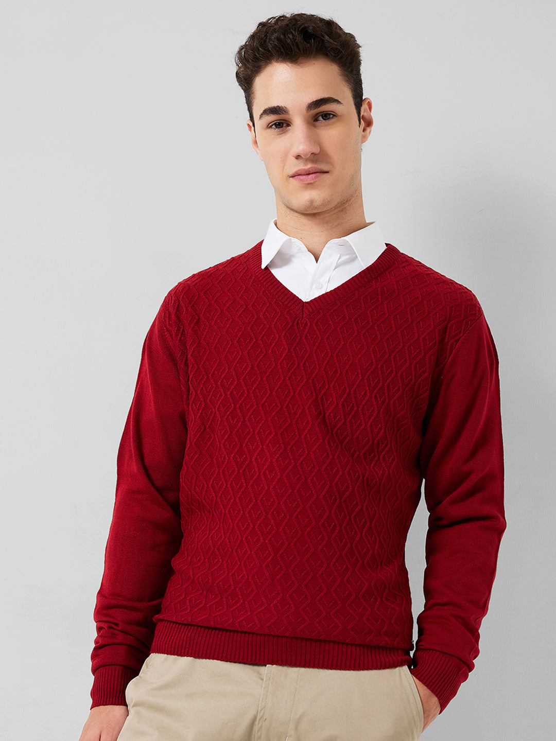 Park Avenue Men Red Regular Fit Structure V Neck Collar Sweater – MyRaymond