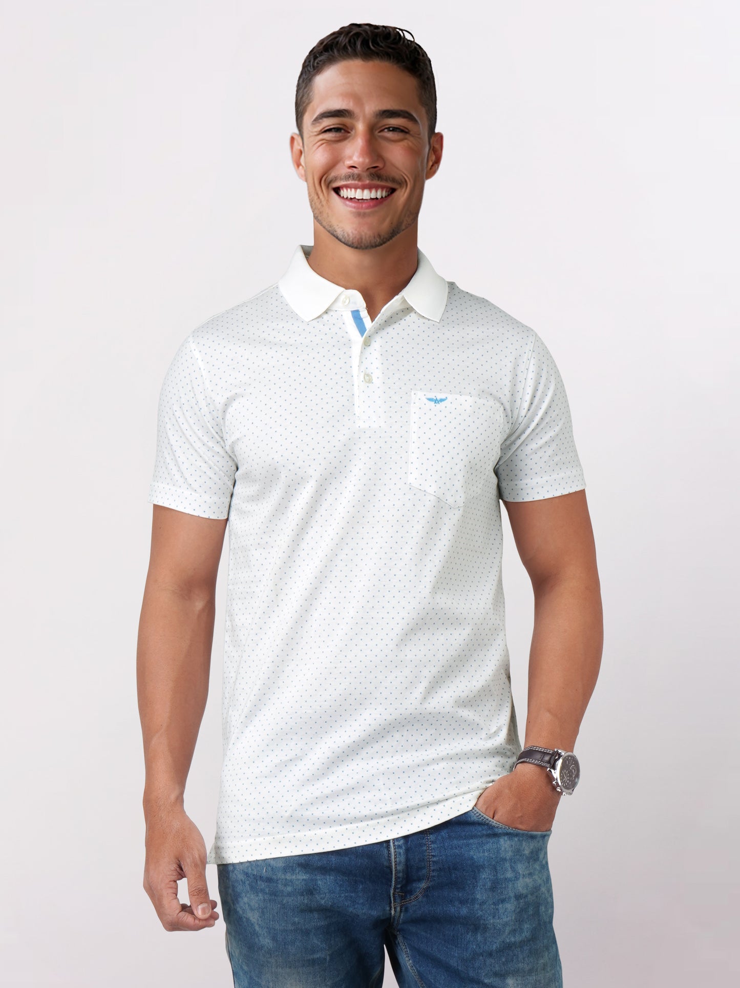 Men White Slim Fit Print Cotton Round Neck Collar Polo T-Shirt