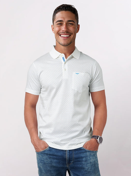 Men White Slim Fit Print Cotton Round Neck Collar Polo T-Shirt