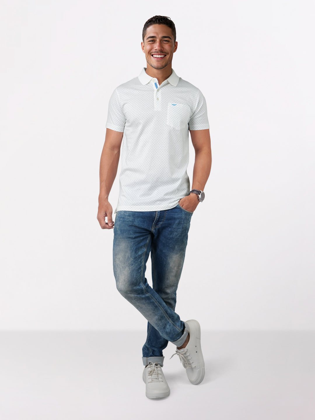 Men White Slim Fit Print Cotton Round Neck Collar Polo T-Shirt