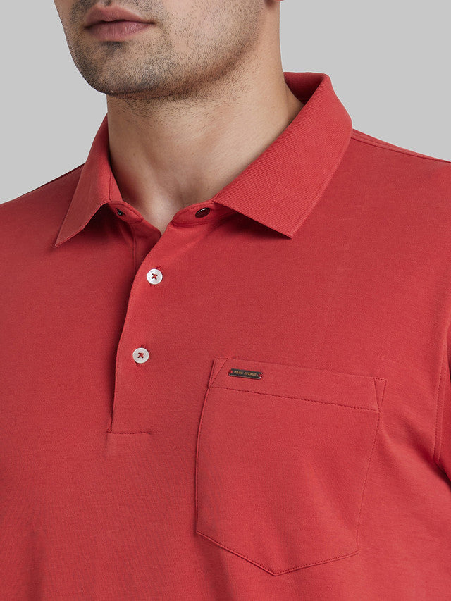 Park Avenue Red Solid Slim Fit Half Sleeve Cotton T-Shirt