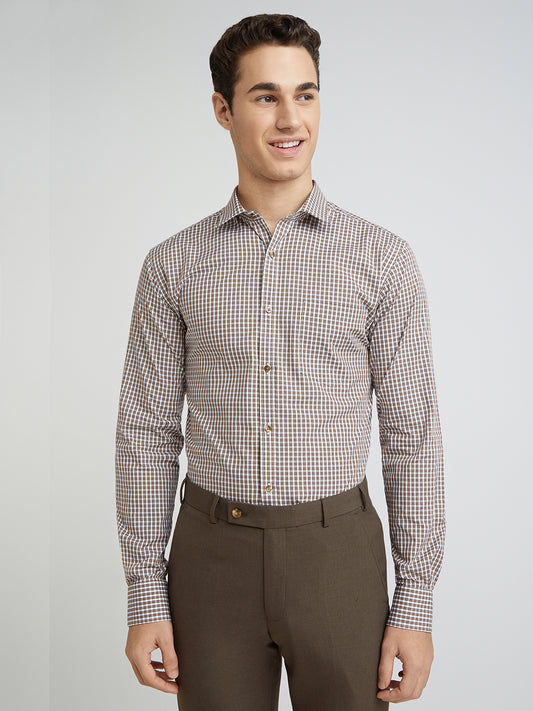 Men Brown Slim Fit Checks Cotton Shirts