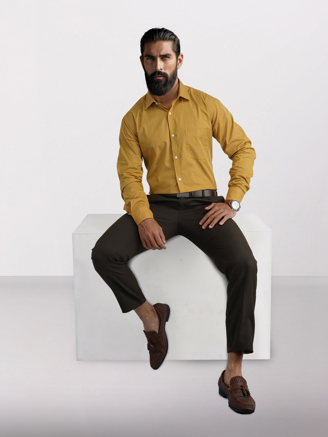 Men Yellow Slim Fit Checks Cotton Shirts