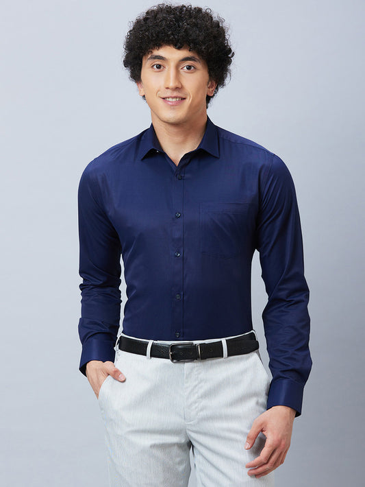 Park Avenue Blue Solid Slim Fit Cotton Blend Formal Shirt