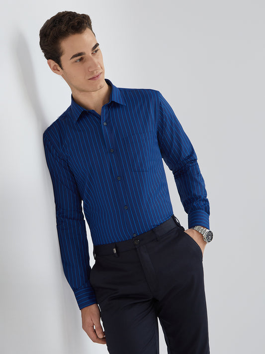 Park Avenue Blue Stripe Slim Fit Cotton Blend Formal Shirt