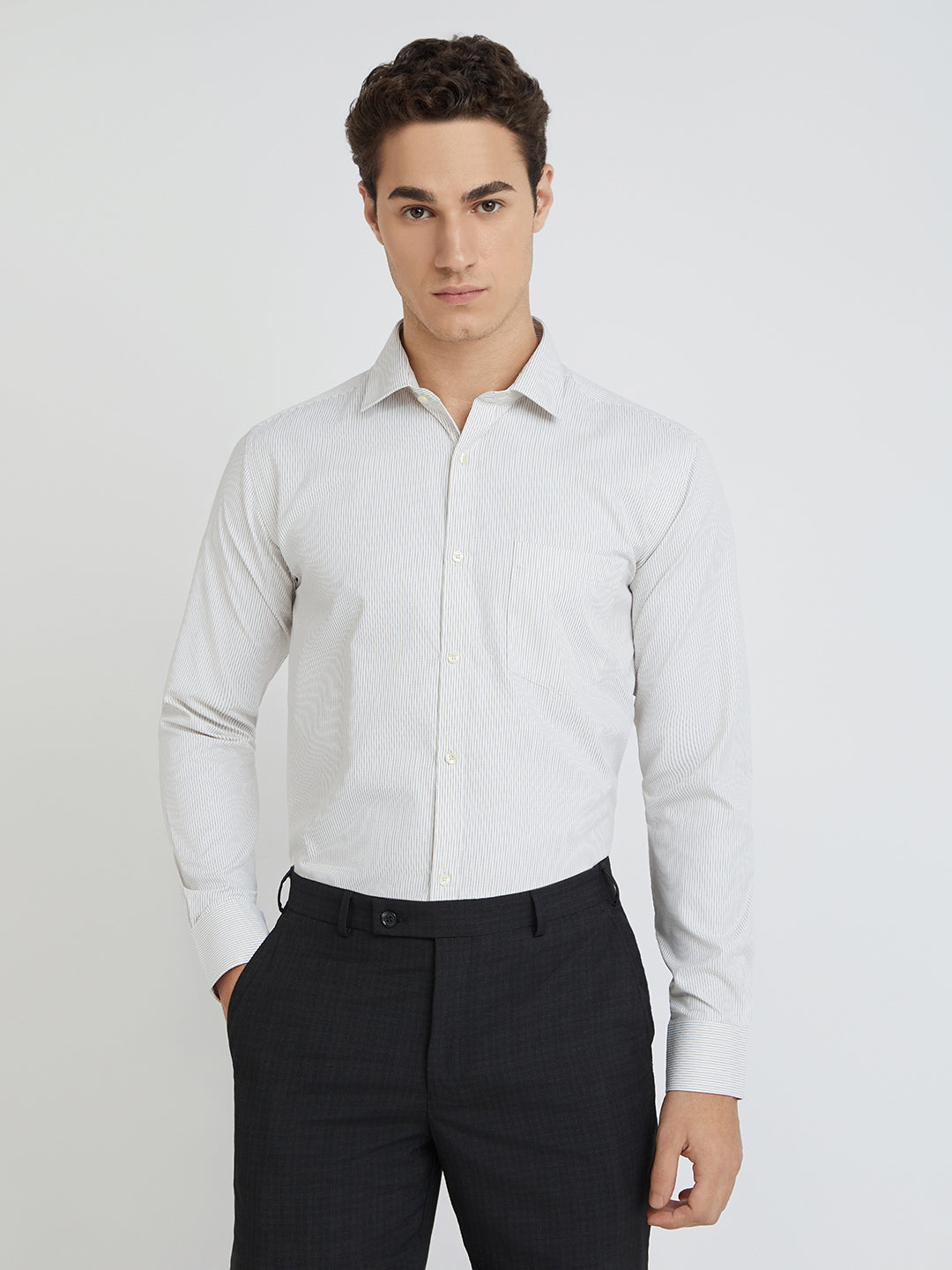 Park Avenue Beige Stripe Slim Fit Cotton Blend Formal Shirt