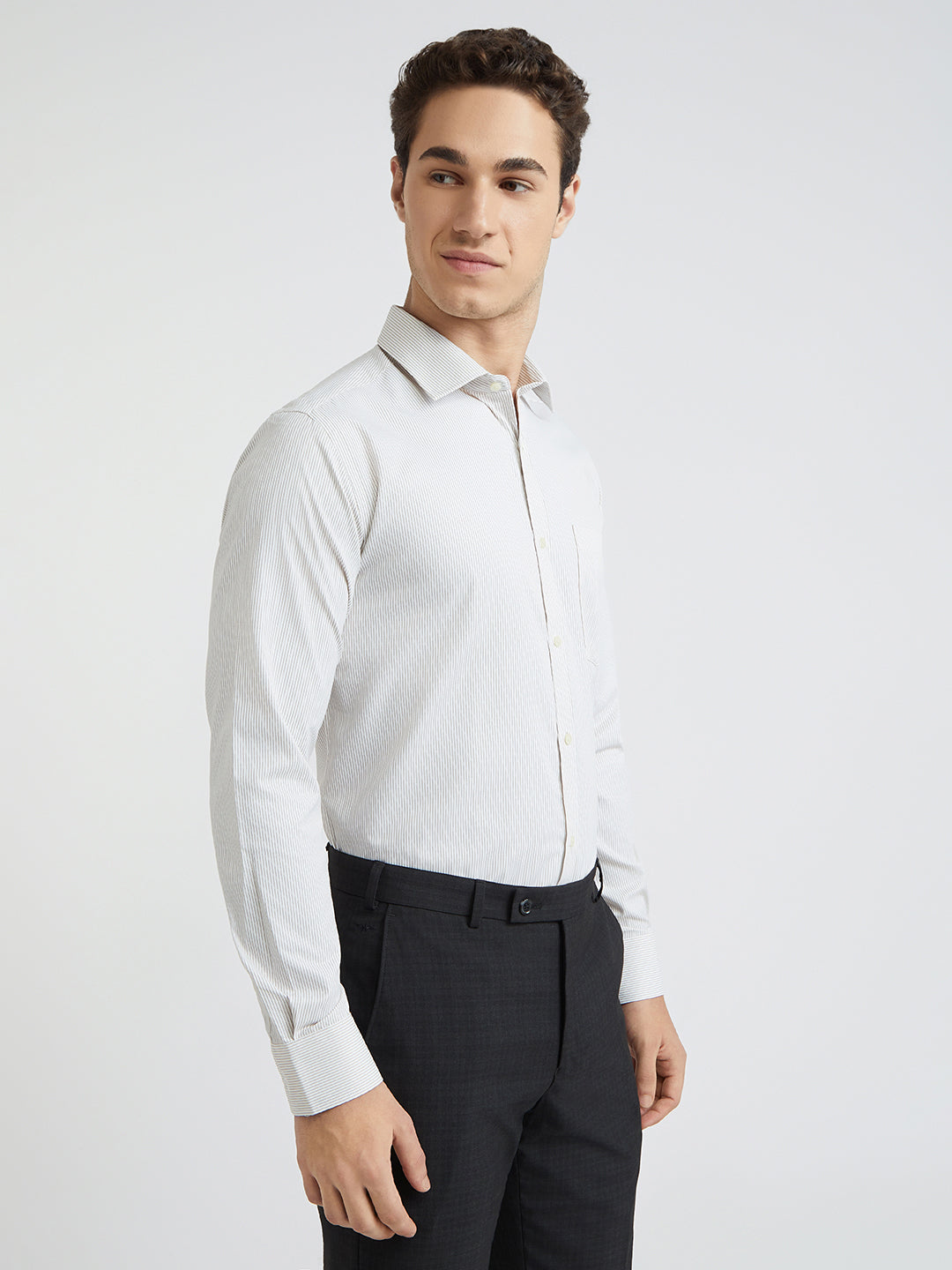 Park Avenue Beige Stripe Slim Fit Cotton Blend Formal Shirt