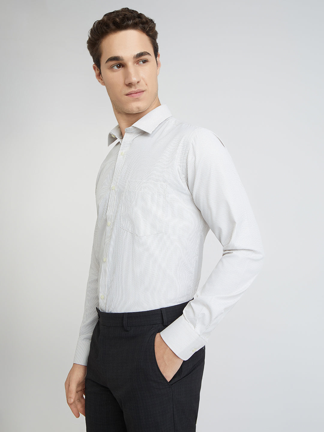 Park Avenue Beige Stripe Slim Fit Cotton Blend Formal Shirt