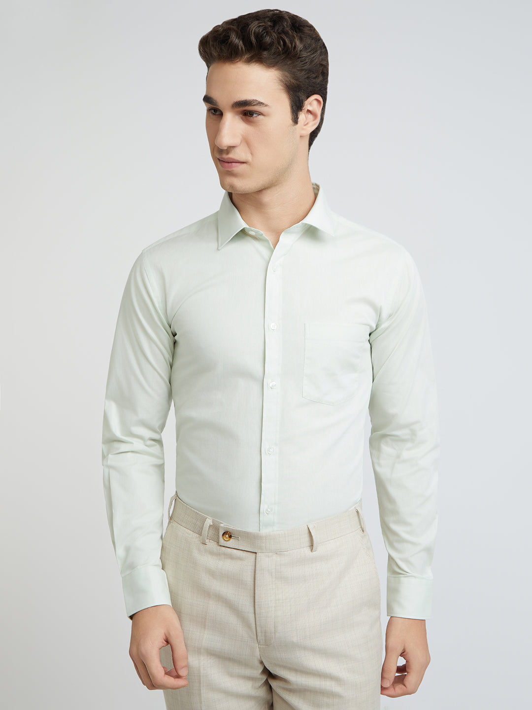 Park Avenue Green Solid Slim Fit Cotton Formal Shirt