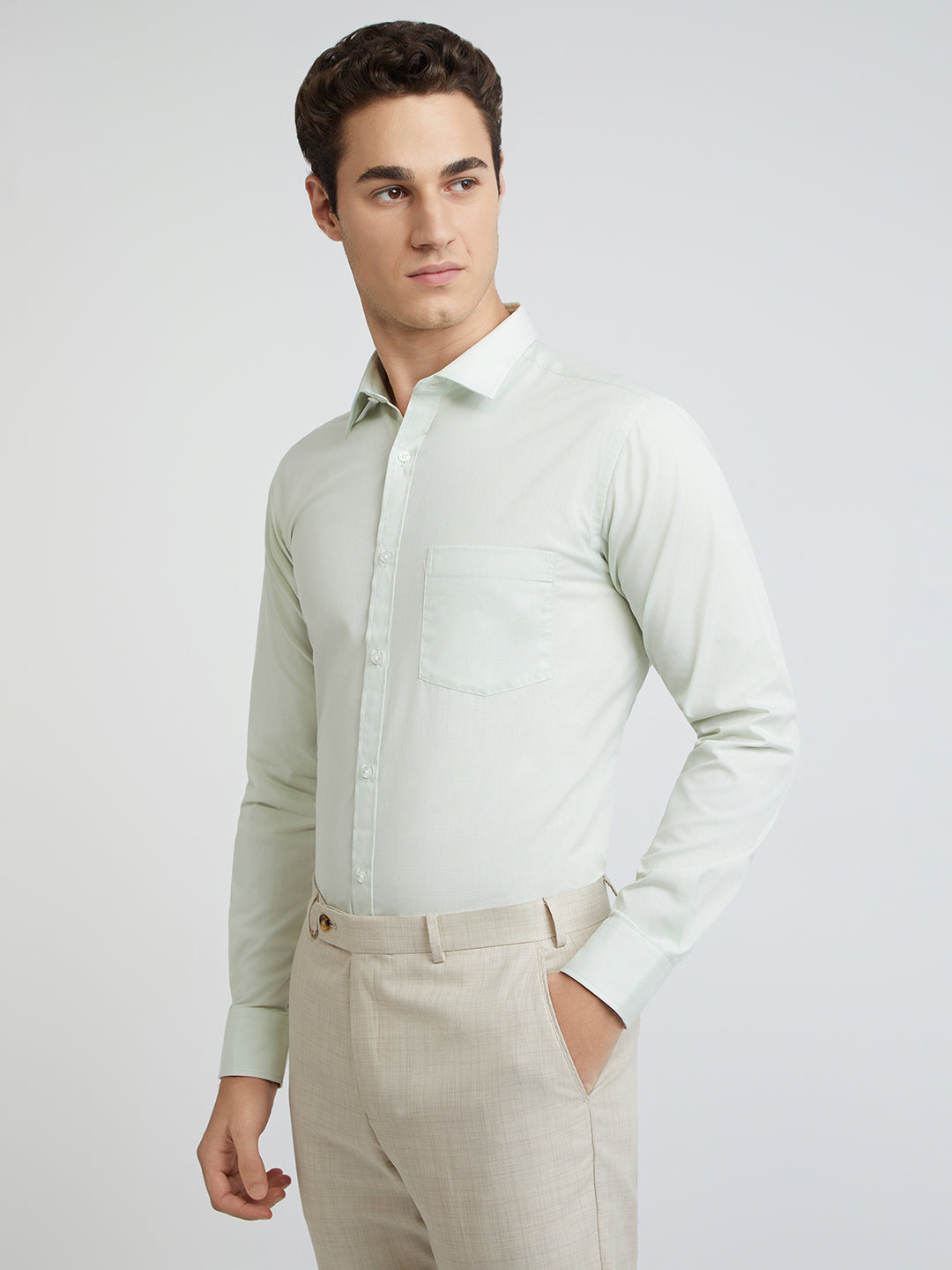 Park Avenue Green Solid Slim Fit Cotton Formal Shirt