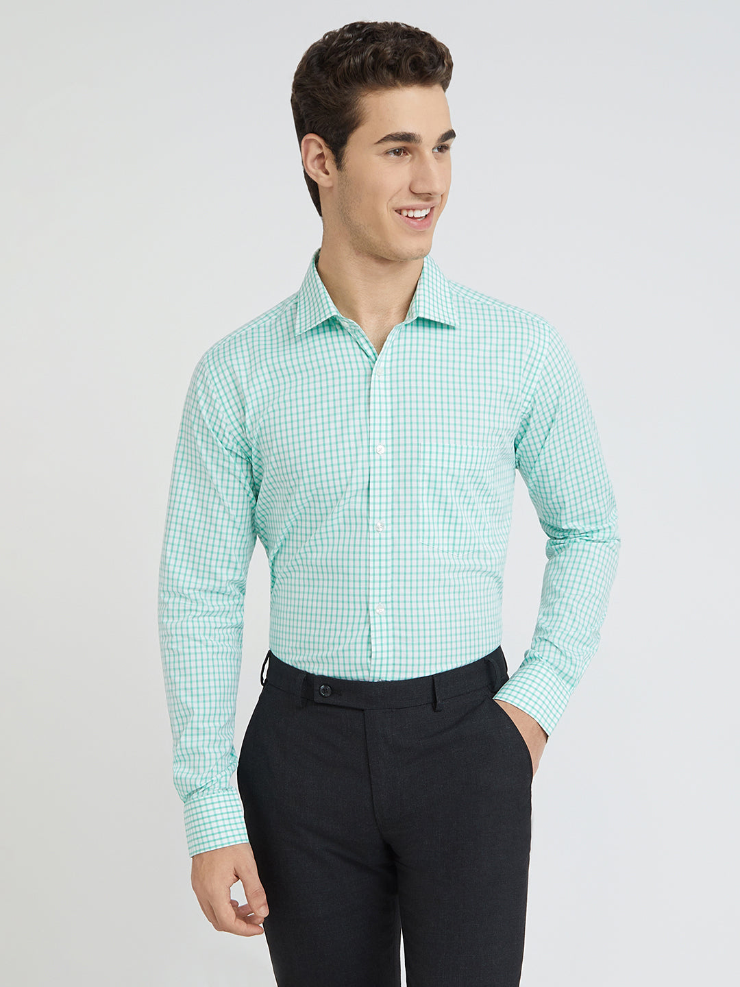 Park Avenue Green Checks Slim Fit Full Sleeve Cotton Shirt