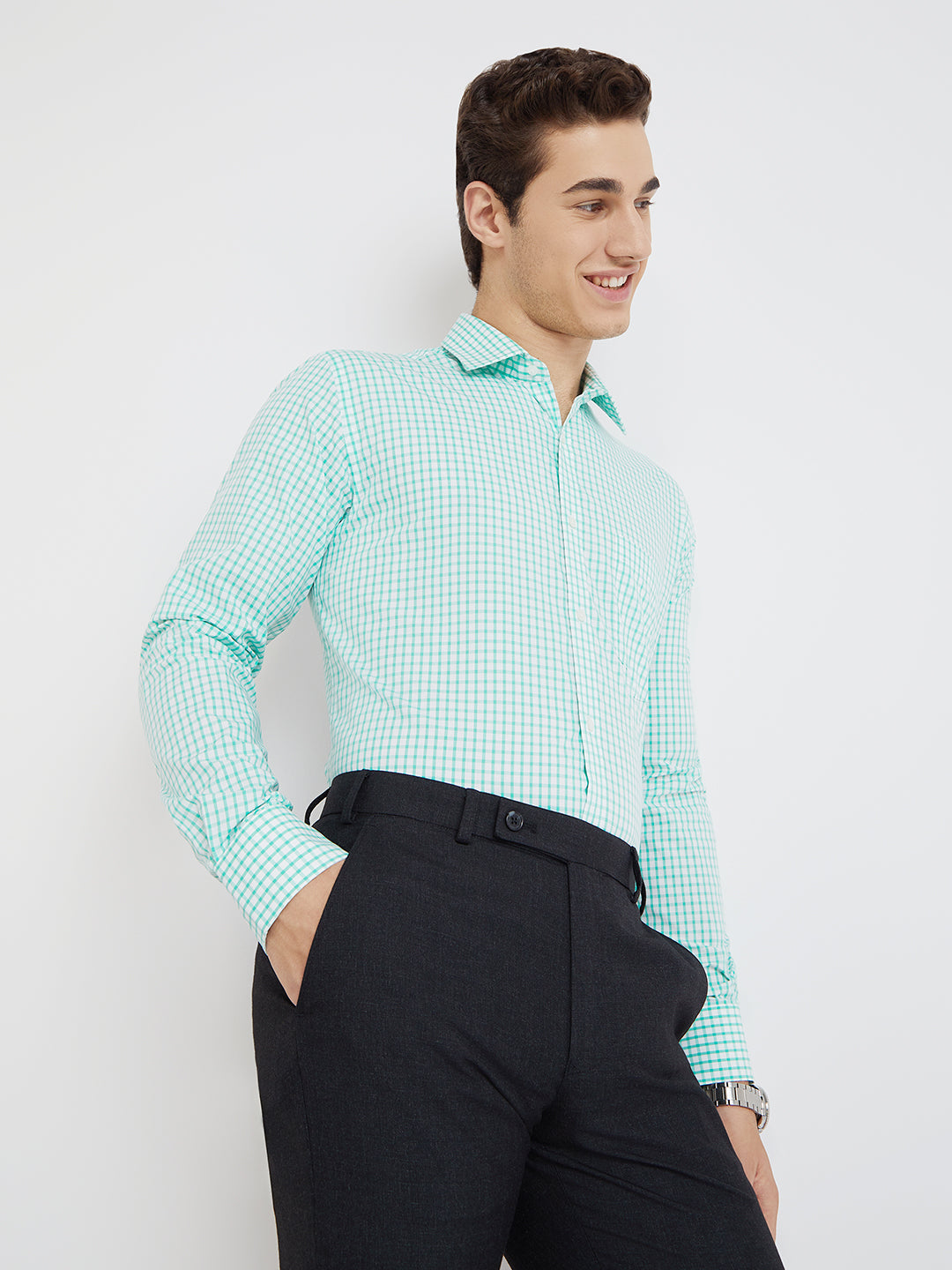 Park Avenue Green Checks Slim Fit Full Sleeve Cotton Shirt