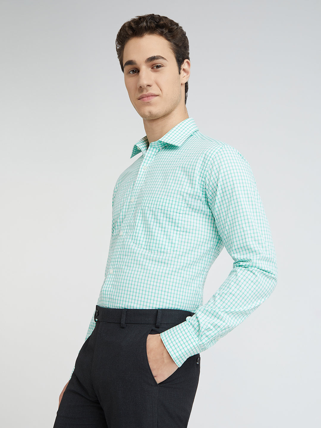 Park Avenue Green Checks Slim Fit Full Sleeve Cotton Shirt