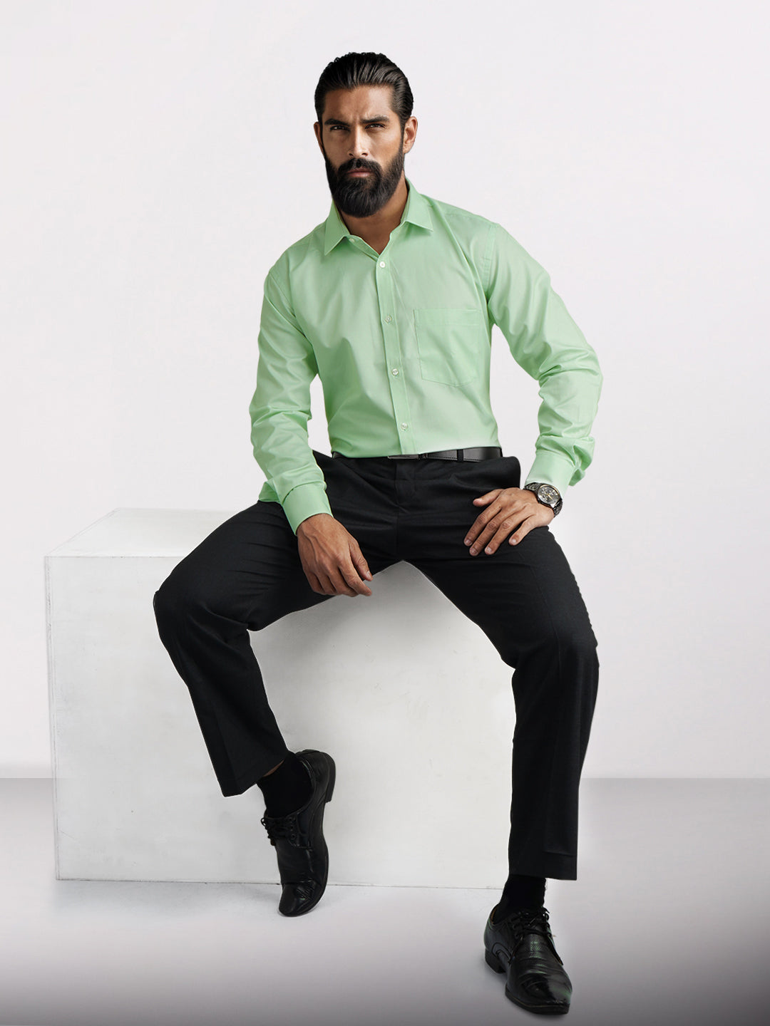 Park Avenue Green Structure Slim Fit Cotton Blend Formal Shirt