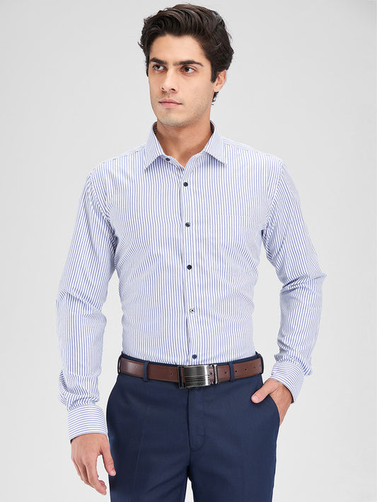 Park Avenue Blue Stripe Slim Fit Cotton Blend Formal Shirt