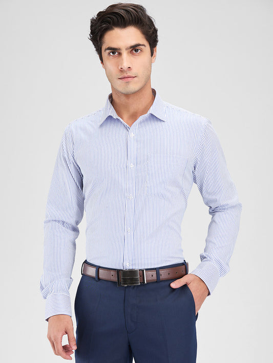 Park Avenue Blue Stripe Slim Fit Cotton Blend Formal Shirt