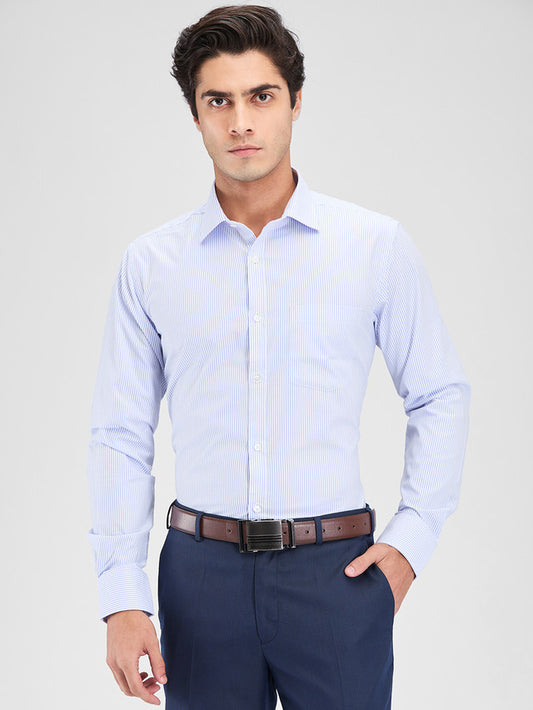 Park Avenue Blue Stripe Slim Fit Cotton Blend Formal Shirt