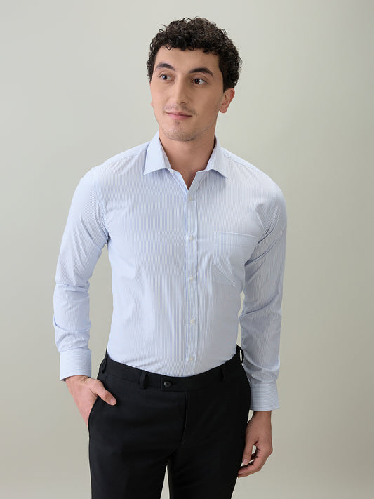 Park Avenue Men Blue Stripe Slim Fit Cotton Blend Formal Shirt