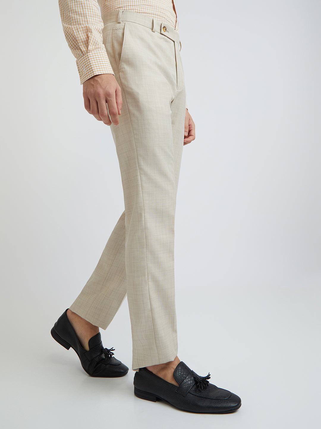 Park Avenue Beige Checks Smart Fit Polyester Blend Trouser