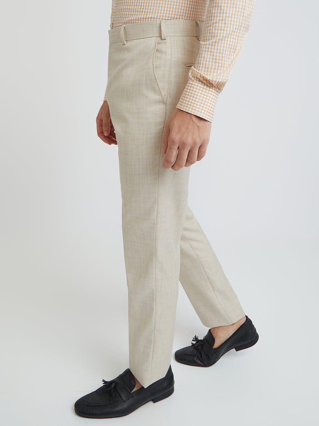 Park Avenue Beige Checks Smart Fit Polyester Blend Trouser