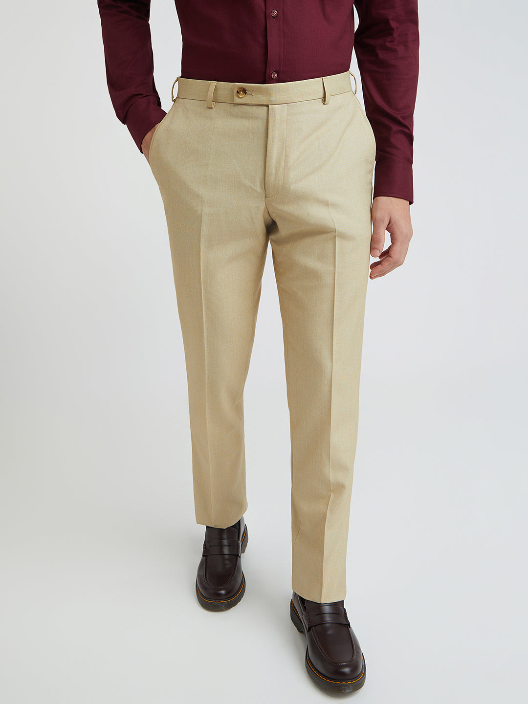 Park Avenue Beige Stripe Smart Fit Polyester Blend Trouser