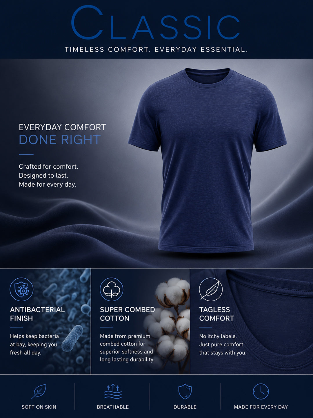 Park Avenue Men Blue Regular Fit Round Neck Collar T-Shirt