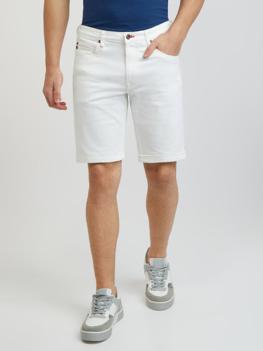 Raymond Men White Solid Slim Fit Cotton Blend Shorts