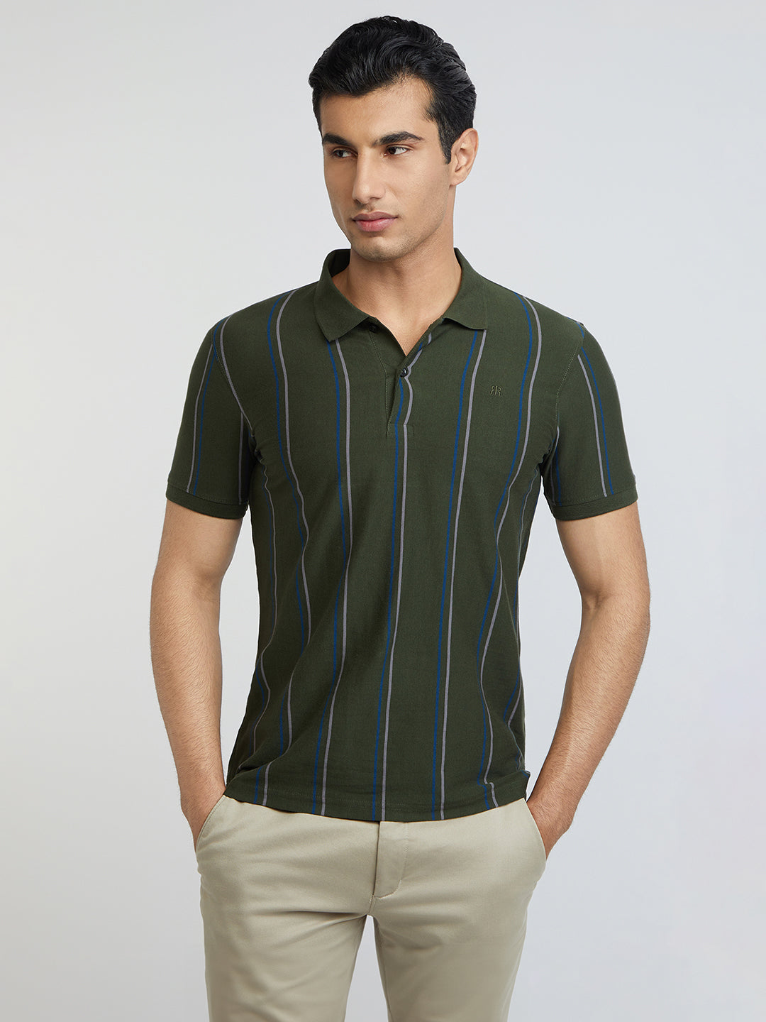 Raymond Men Green Stripe Modern Fit Cotton T-Shirt