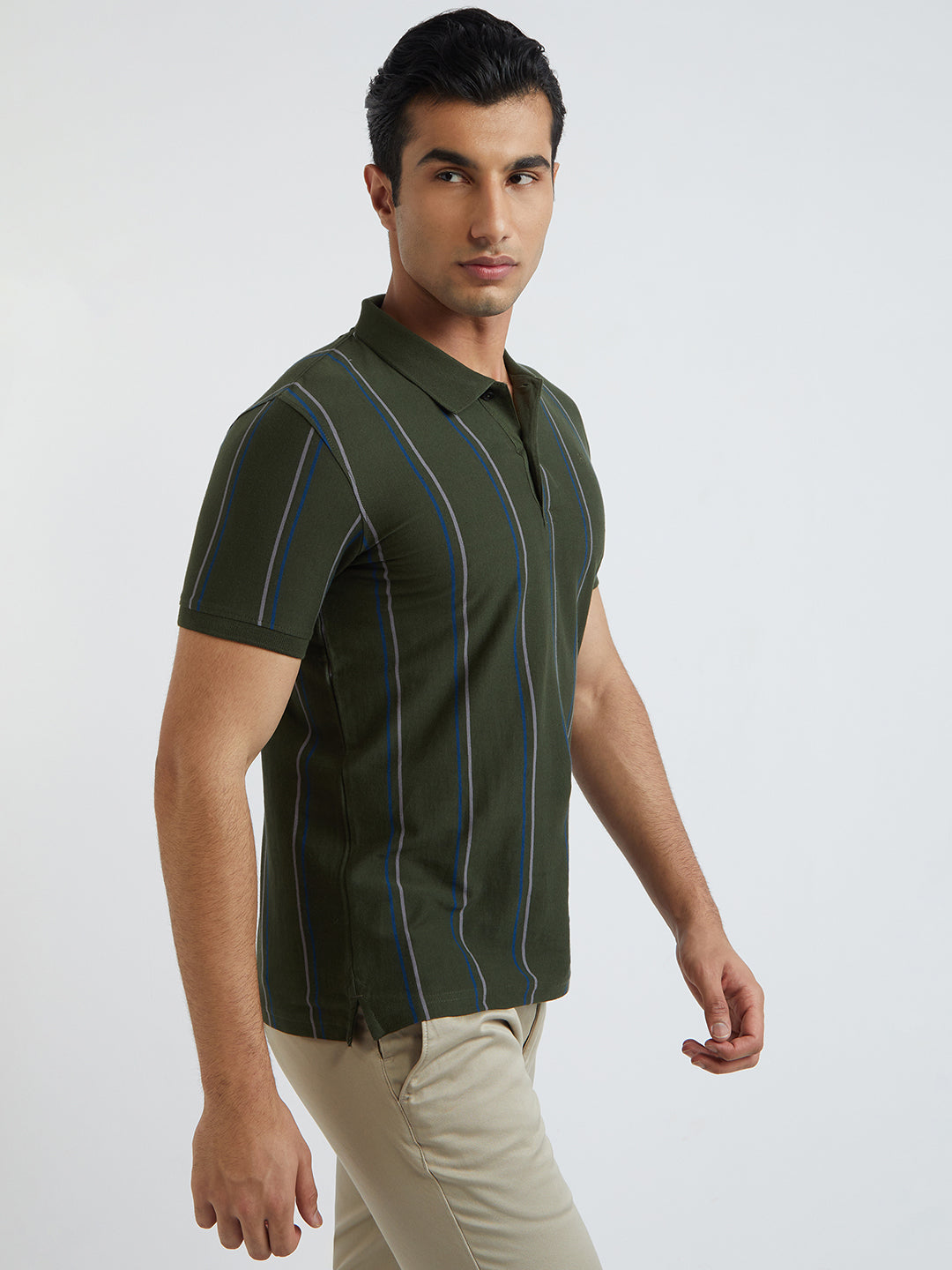 Raymond Men Green Stripe Modern Fit Cotton T-Shirt