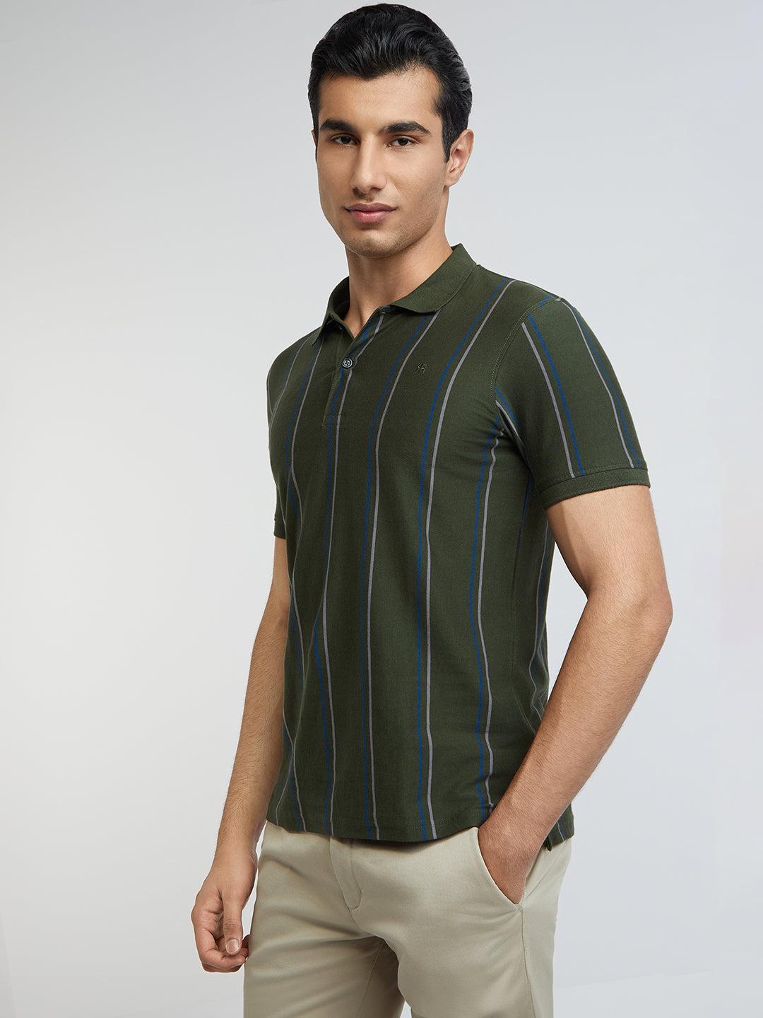 Raymond Men Green Stripe Modern Fit Cotton T-Shirt