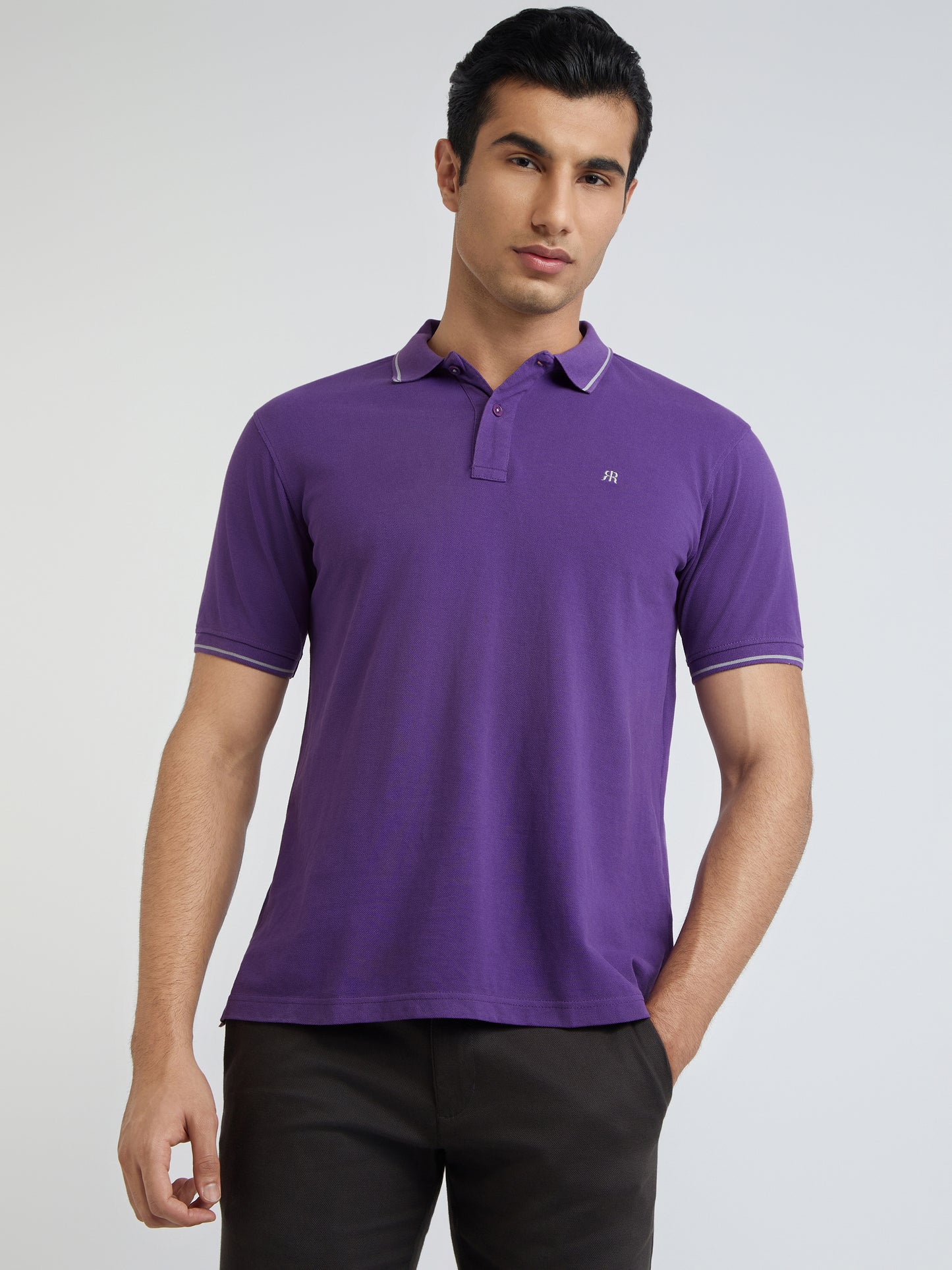 Raymond Purple Solid Contemporary Fit Half Sleeve Cotton T-Shirt