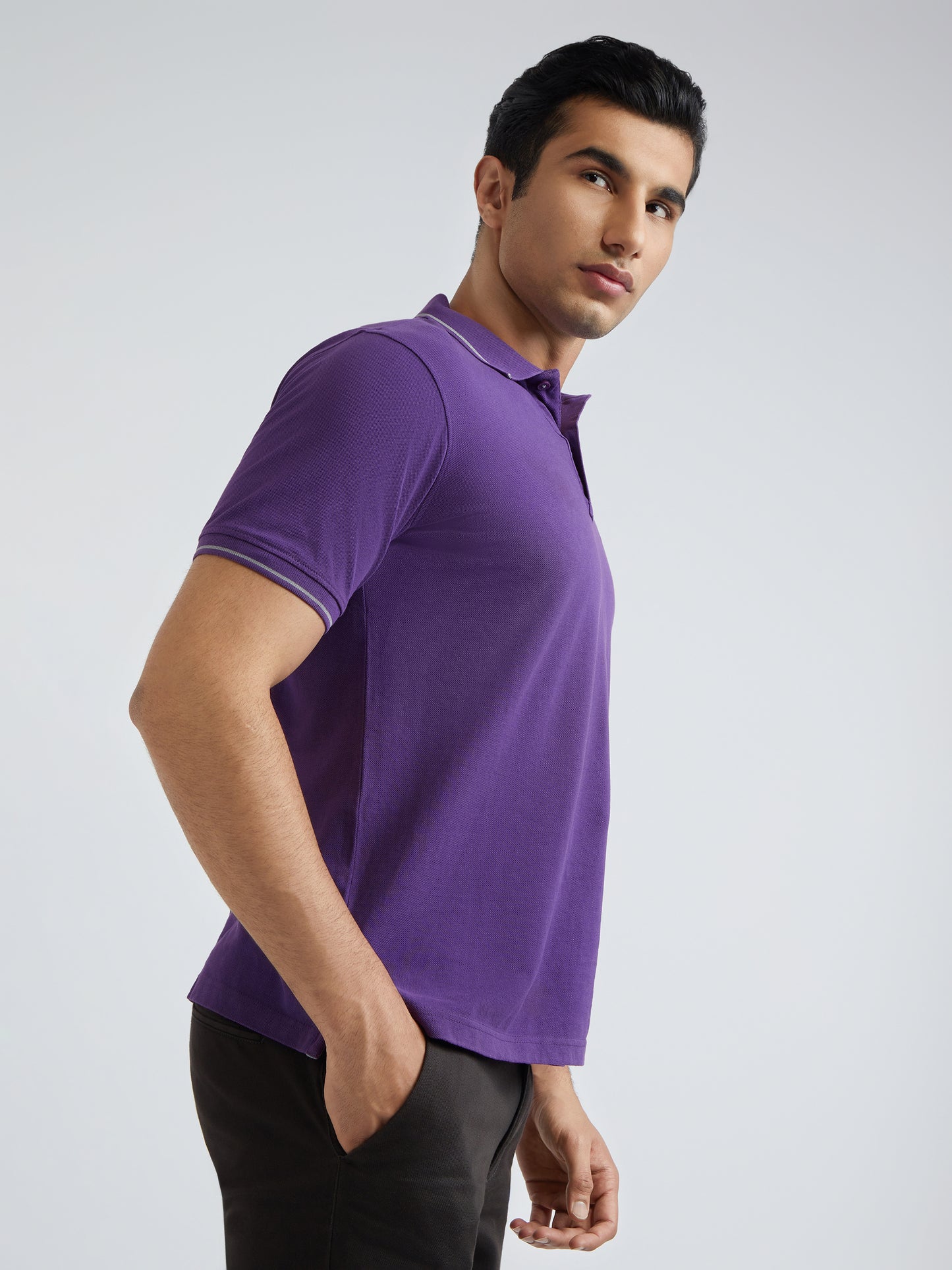 Raymond Purple Solid Contemporary Fit Half Sleeve Cotton T-Shirt