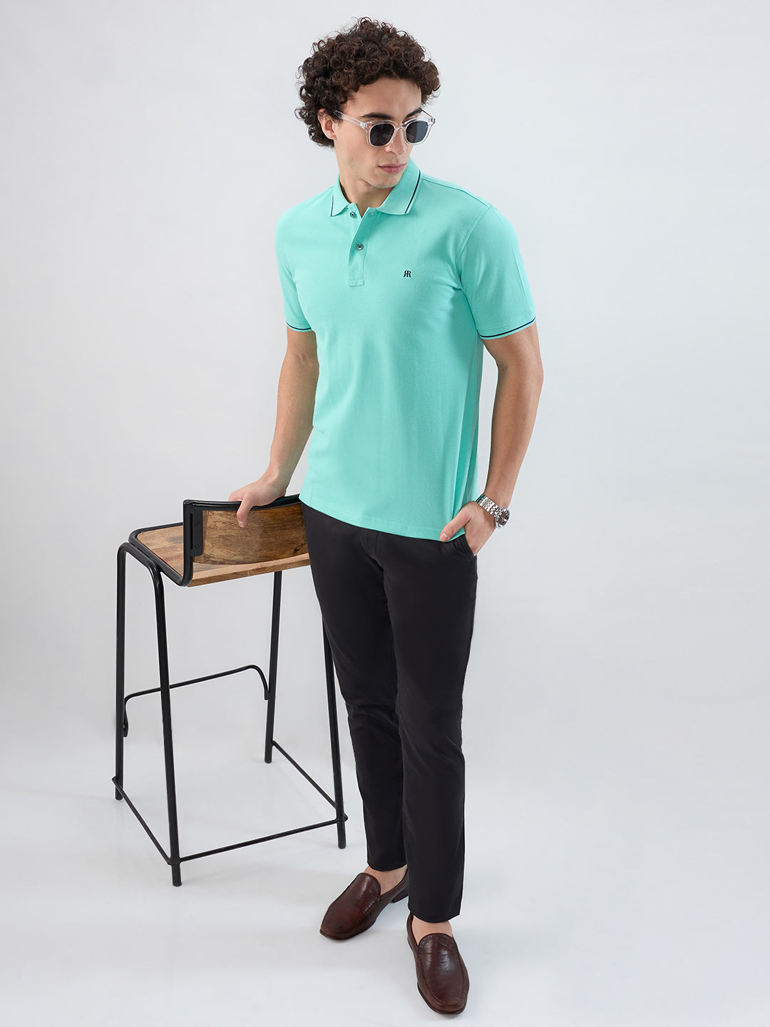 Raymond Men Green Modern Fit Solid Polo Neck Collar T-shirt