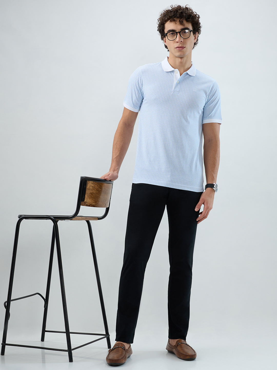 Raymond Men Blue Modern Fit Print Polo Neck Collar T-shirt