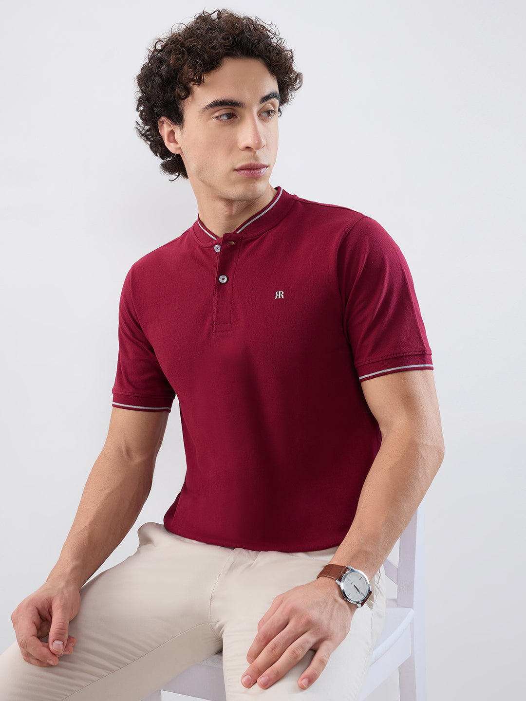Raymond Men Maroon Modern Fit Solid Polo Neck Collar T-shirt