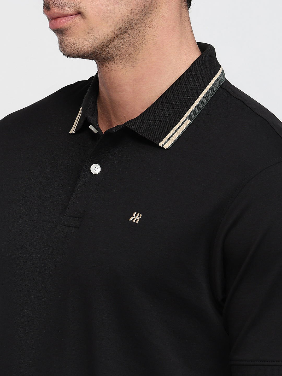 Raymond Men Black Modern Fit Solid Polo Neck Collar T-shirt