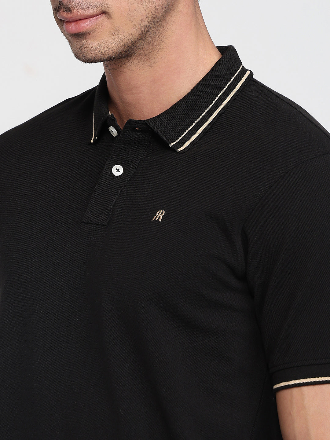 Raymond Men Black Modern Fit Solid Polo Neck Collar T-shirt