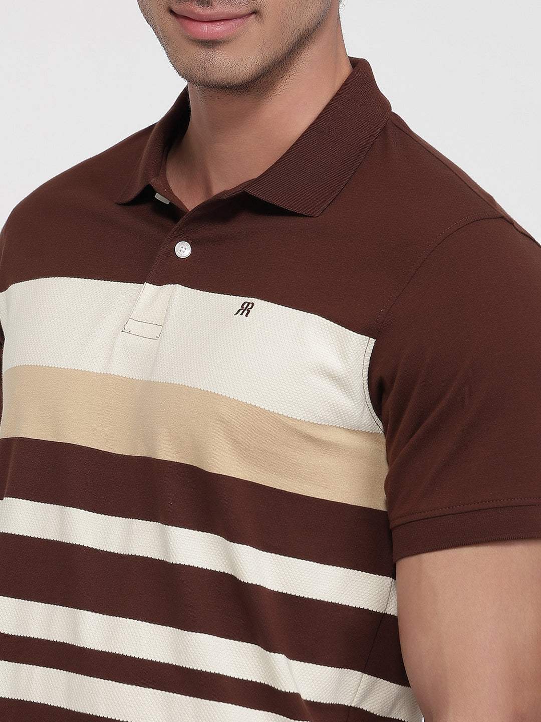 Raymond Men Brown Modern Fit Stripe Polo Neck Collar T-shirt