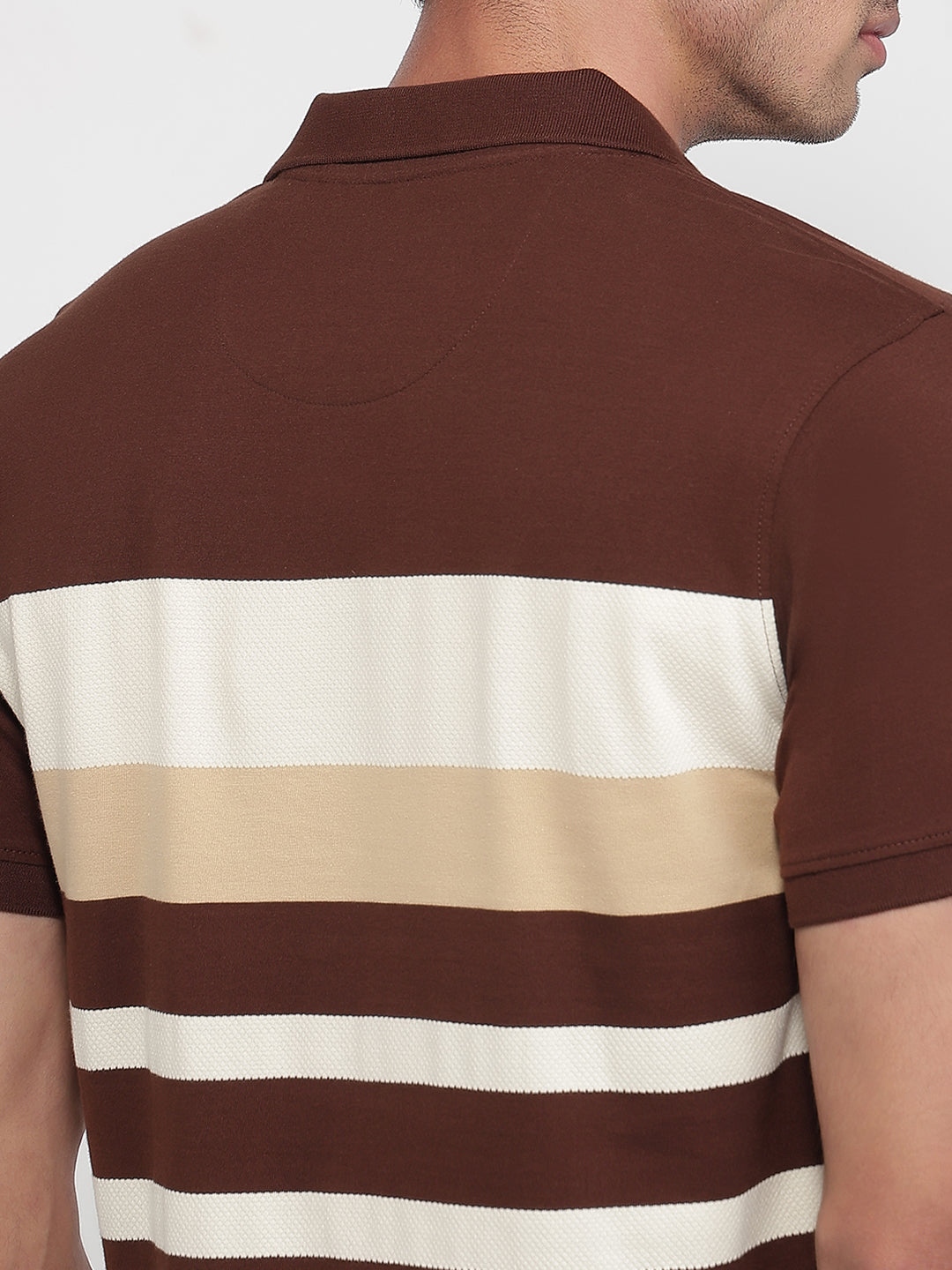 Raymond Men Brown Modern Fit Stripe Polo Neck Collar T-shirt
