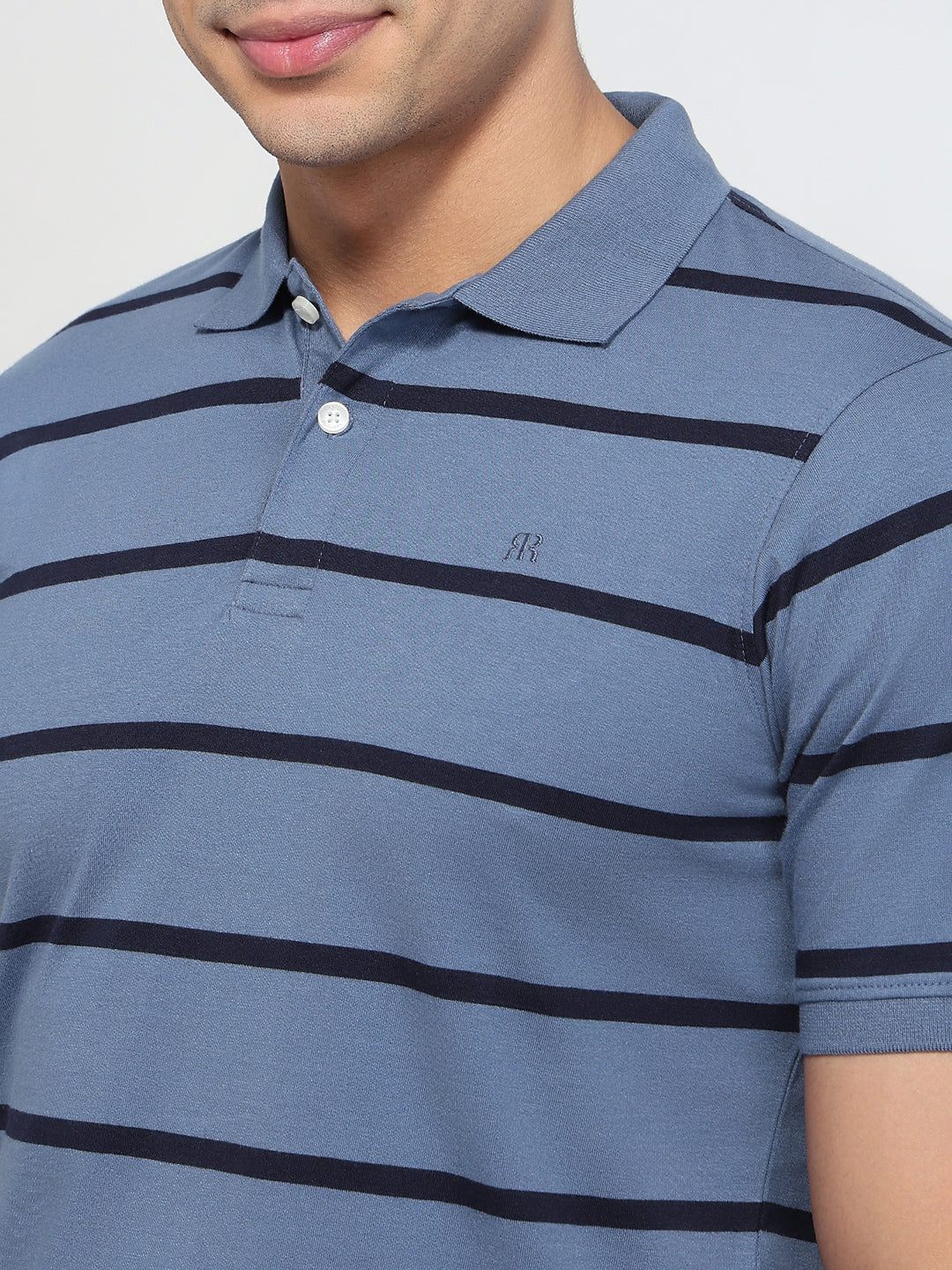 Raymond Men Blue Modern Fit Stripe Polo Neck Collar T-shirt