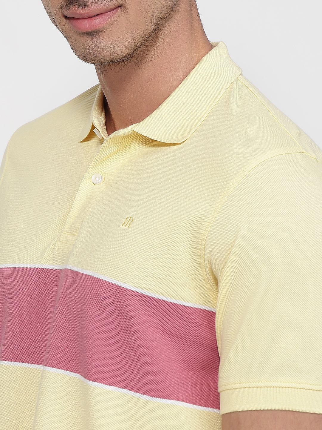 Raymond Men Yellow Modern Fit Stripe Polo Neck Collar T-shirt