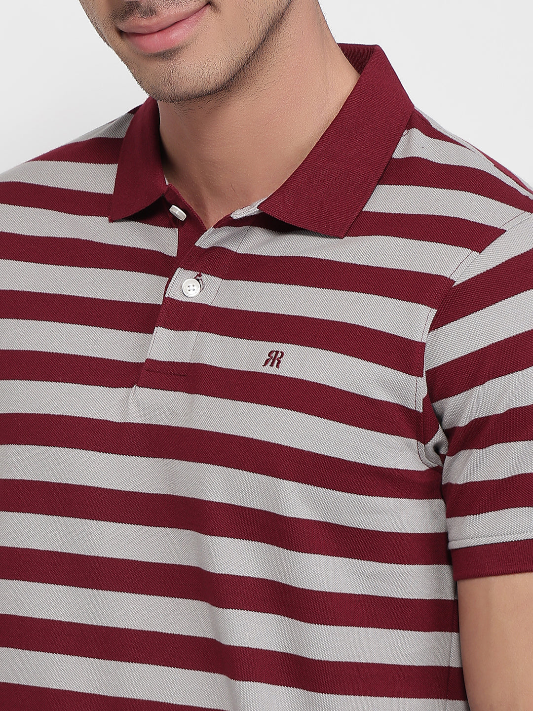 Raymond Men Maroon Modern Fit Stripe Polo Neck Collar T-shirt