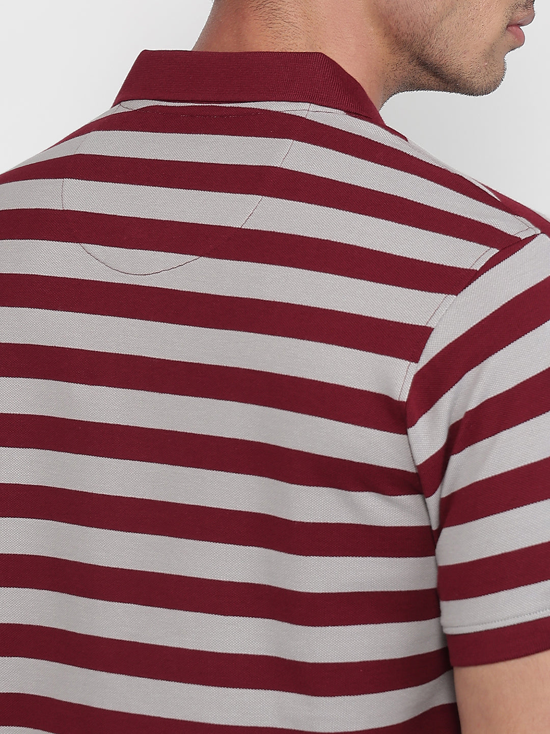 Raymond Men Maroon Modern Fit Stripe Polo Neck Collar T-shirt