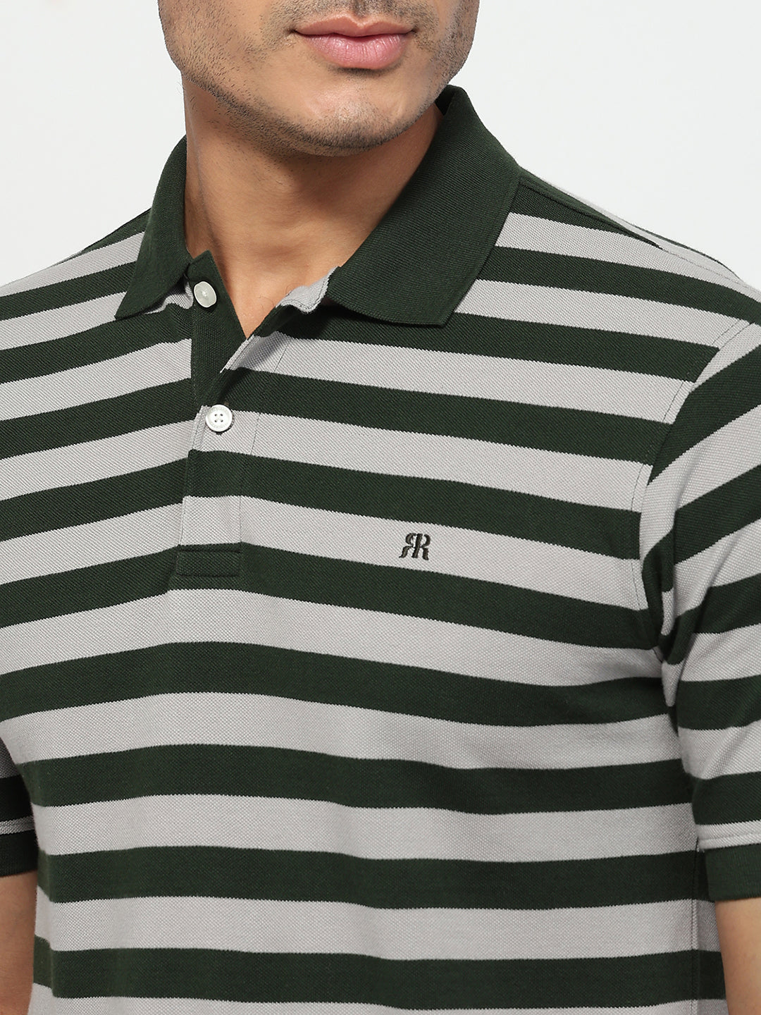 Raymond Men Green Modern Fit Stripe Polo Neck Collar T-shirt