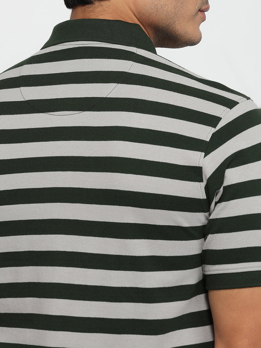 Raymond Men Green Modern Fit Stripe Polo Neck Collar T-shirt