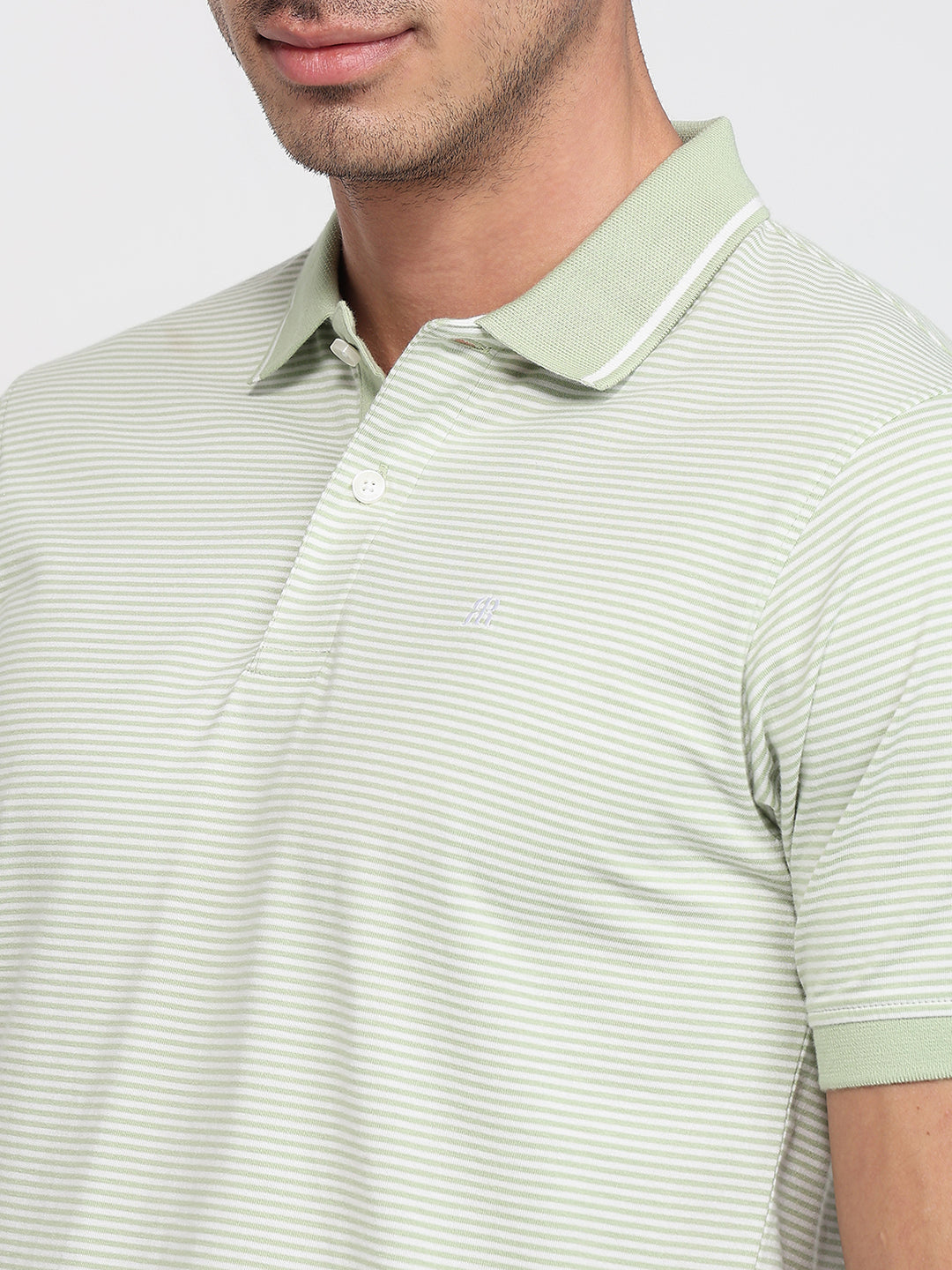 Raymond Men Green Modern Fit Stripe Polo Neck Collar T-shirt