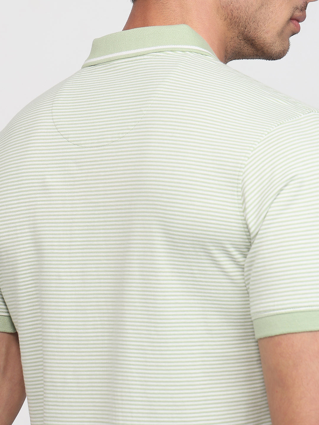 Raymond Men Green Modern Fit Stripe Polo Neck Collar T-shirt