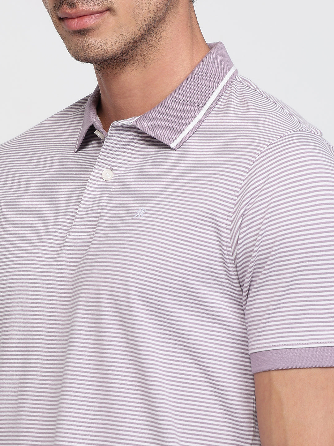 Raymond Men Violet Modern Fit Stripe Polo Neck Collar T-shirt