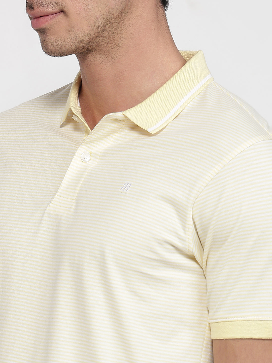 Raymond Men Yellow Modern Fit Stripe Polo Neck Collar T-shirt